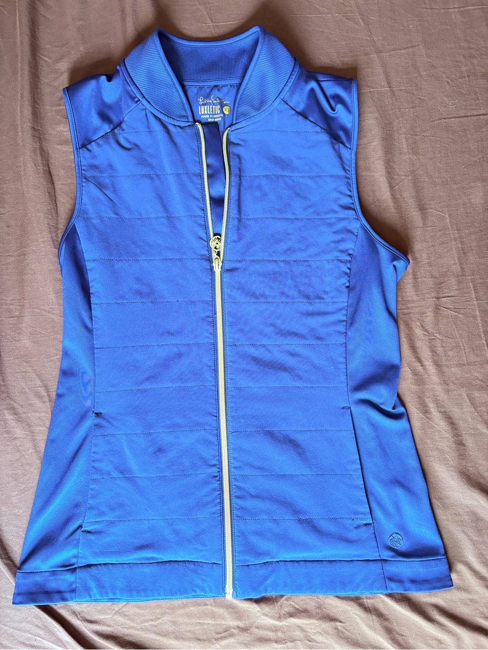 Lilly Pulitzer Blue Sleeveless Quilted Vest with Gold Zipper